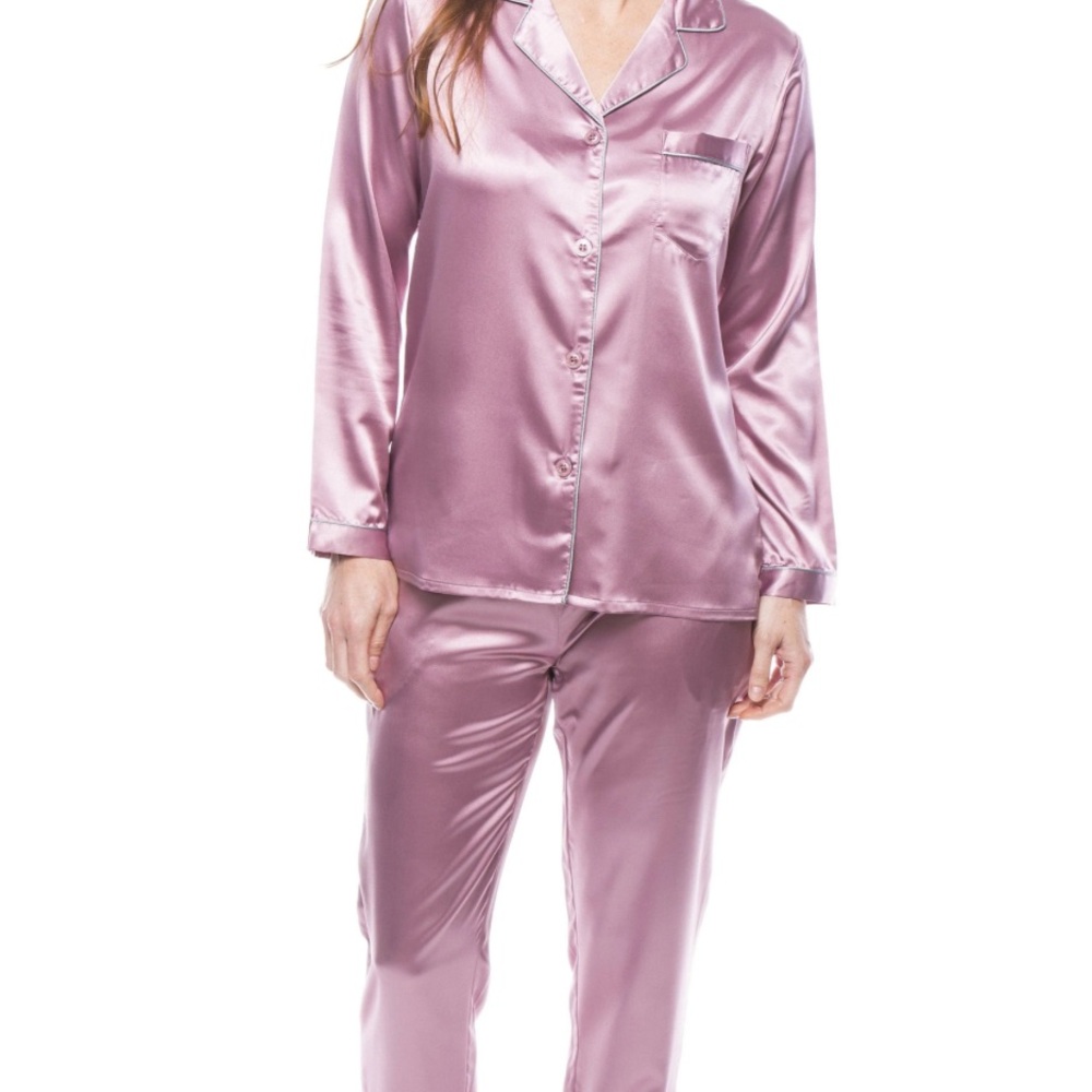 Twin Boat Women's Satin Pajama Set Mauve w/Gray Piping Sz L